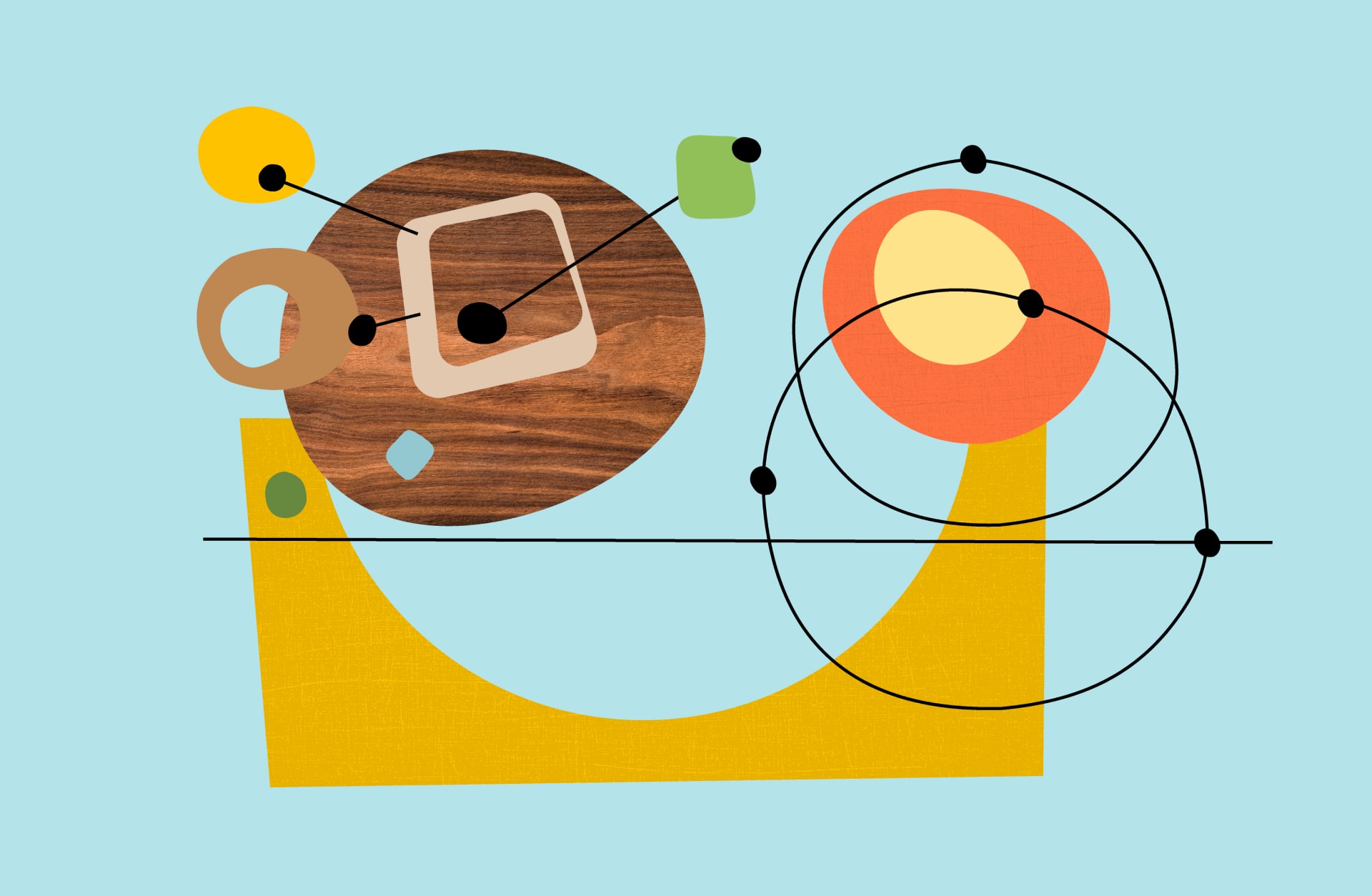 Abstrakte Grafik mit geometrischen Formen und bunten Elementen auf blauem Hintergrund.