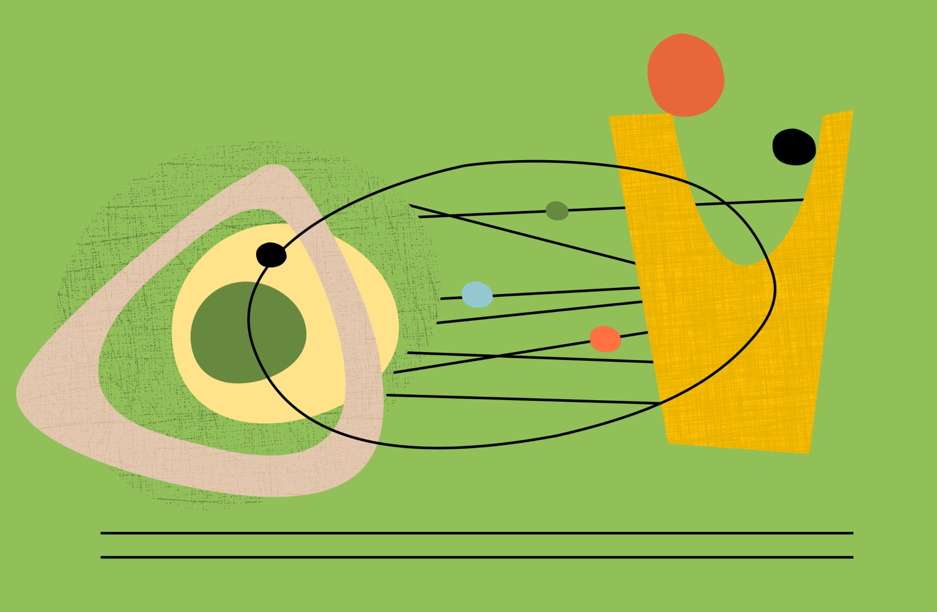 Abstrakte Grafik mit geometrischen Formen auf grünem Hintergrund, symbolisiert Beziehungen und Interaktionen.