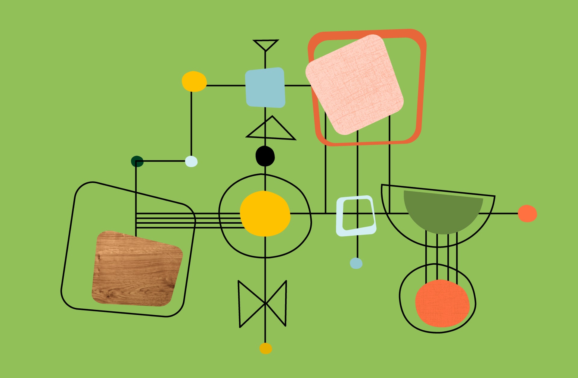 Abstrakte Grafik mit geometrischen Formen und Linien auf grünem Hintergrund.