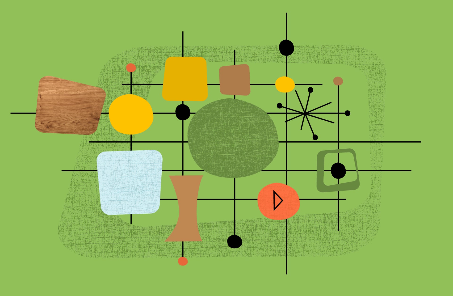 Abstrakte Grafik mit geometrischen Formen auf grünem Hintergrund, symbolisiert Teamentwicklung und Transaktionsanalyse.