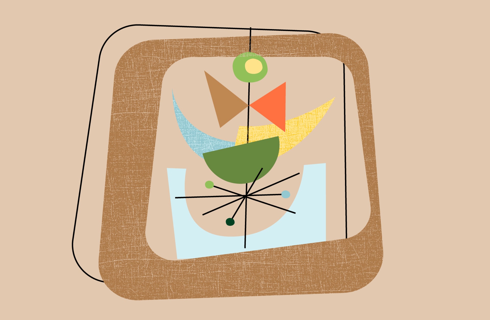 Abstrakte Illustration mit geometrischen Formen in sanften Farben, umrahmt von einem quadratischen Rahmen.