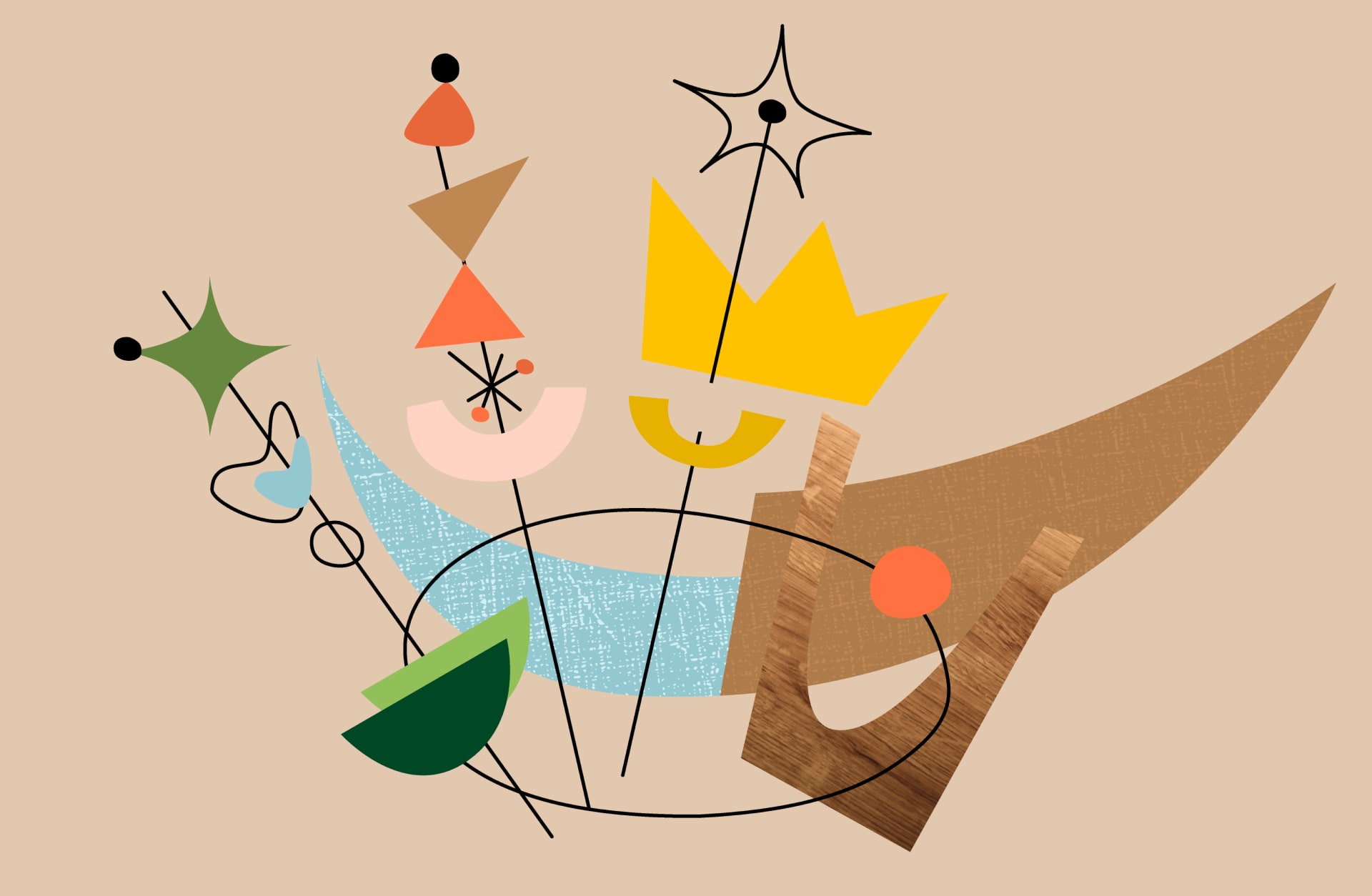 Abstrakte Illustration mit geometrischen Formen und Farben, die an Märchen und Weisheit erinnern.