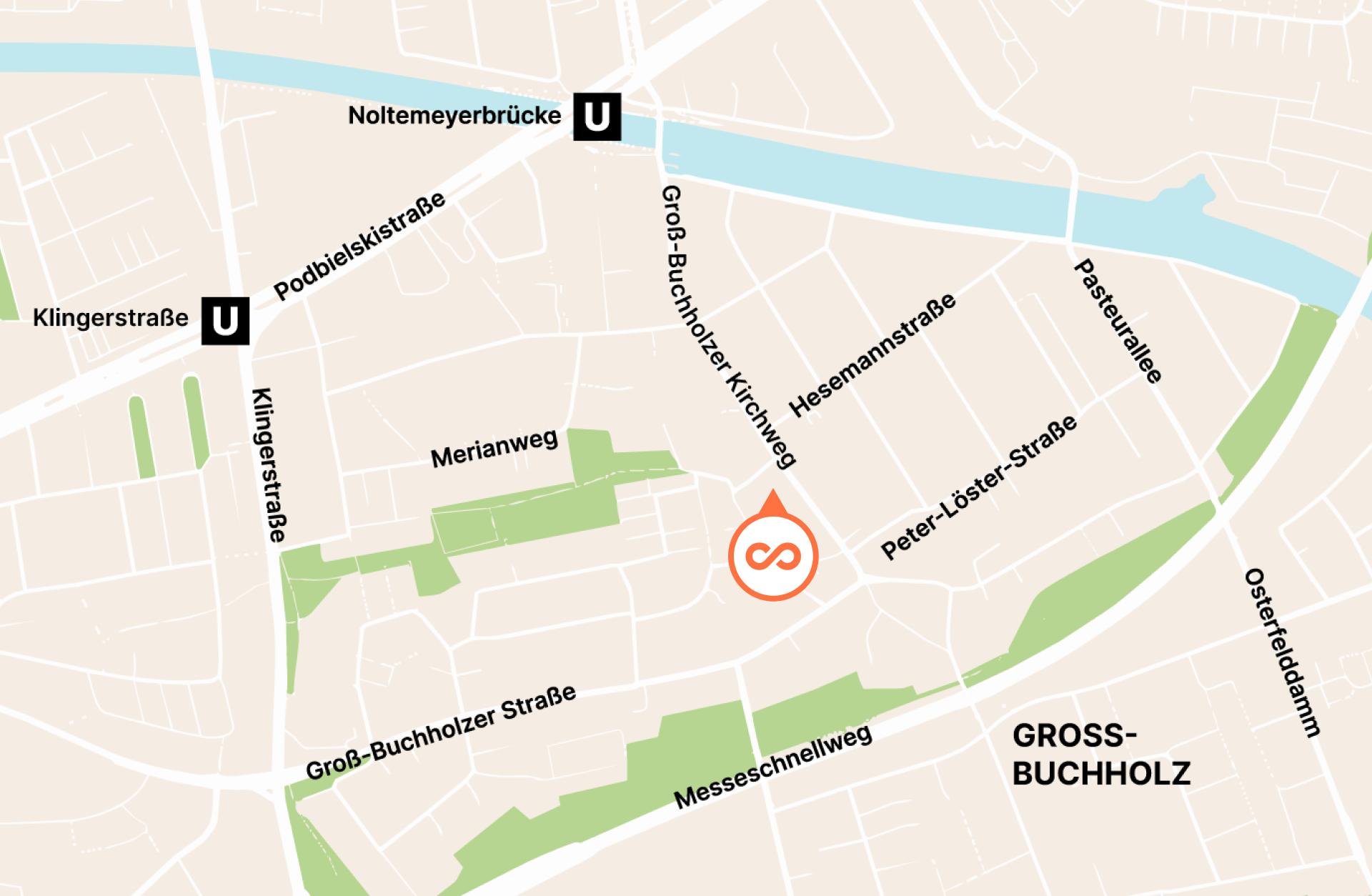 Karte mit Straßen und U-Bahn-Stationen in Groß-Buchholz, einschließlich Klingerstraße und Podbielskistraße.