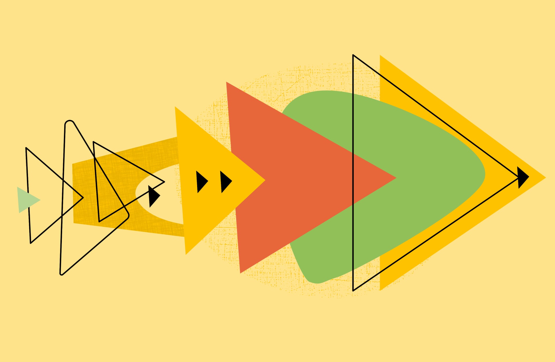 Grafische Darstellung von Pfeilen und Formen auf gelbem Hintergrund.