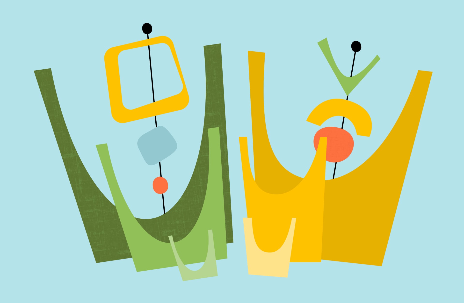 Abstrakte geometrische Formen in Grün, Gelb und Blau auf hellblauem Hintergrund.