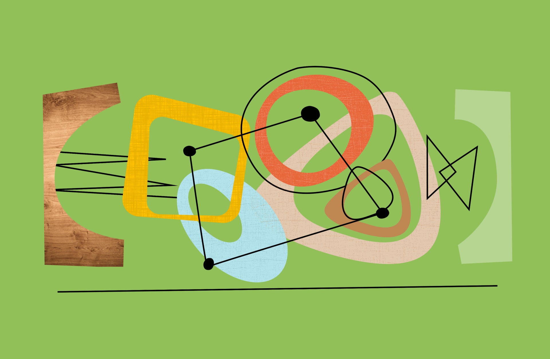 Abstrakte Grafik mit geometrischen Formen auf grünem Hintergrund, symbolisiert erfolgreiche Führungsmodalitäten.